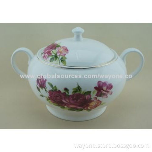 30pcs New Bone China Dinnerware Set, Rose with Shiny Gold Line, Elegant Decal
